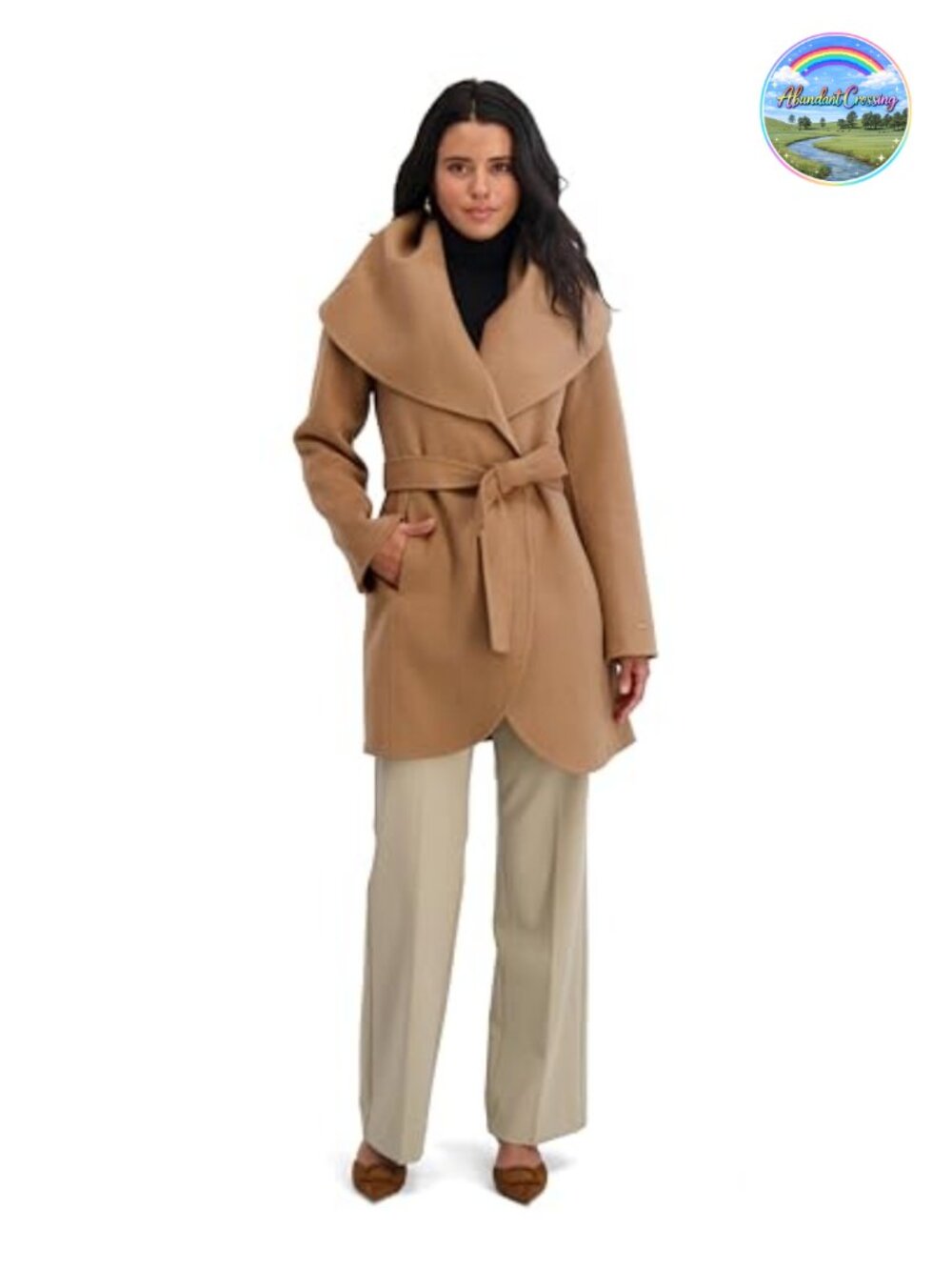 Double-Faced Wool Blend Peacoat Wrap Coat Removable Belt Scalloped Hem
